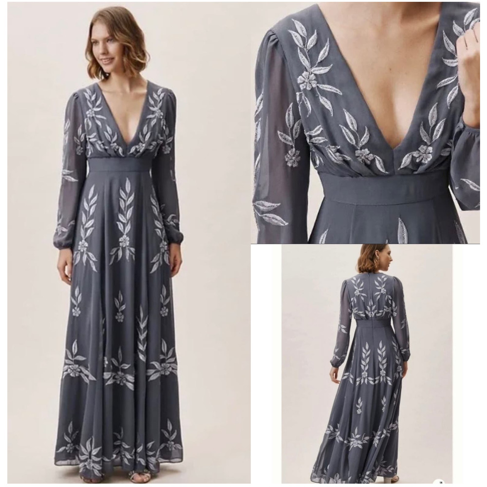 Anthropologie Slate Gray Embroidered Maxi Dress